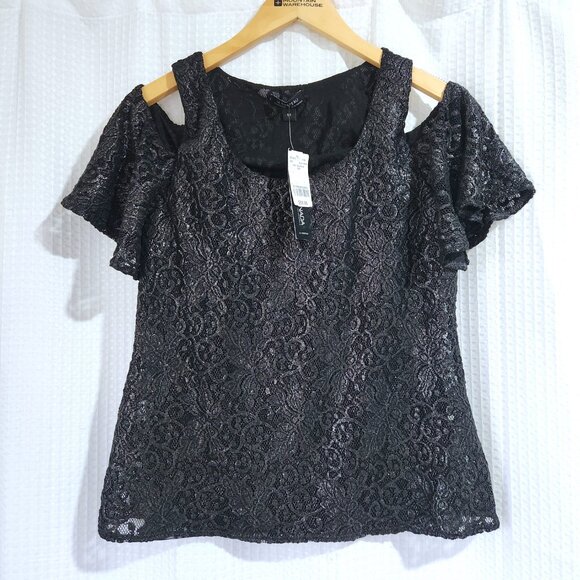 Le Chateau Cold Shoulder Short Sleeve Top Women's Small Black Shiny Lace Overlay - Picture 1 of 12